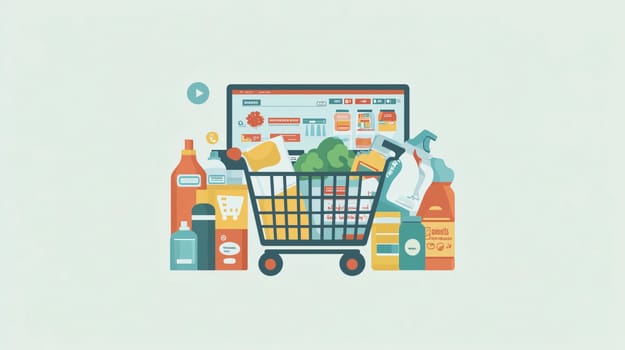 Shopping cart full of groceries with a computer displaying a grocery shopping website in the background