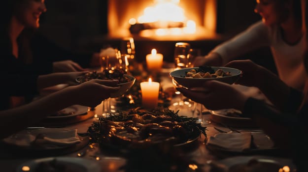 Friends enjoying christmas eve dinner together around table with delicious food
