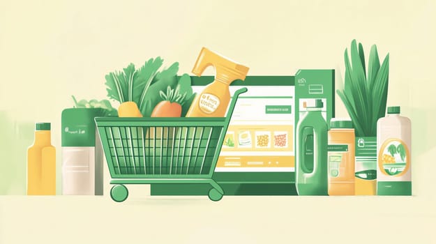 Shopping cart full of fresh produce and cleaning products next to a laptop showing an online grocery store interface