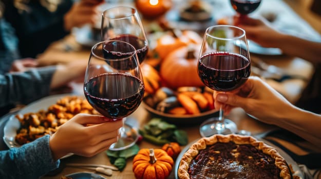 Family members enjoying a thanksgiving meal together, raising glasses of red wine in a toast