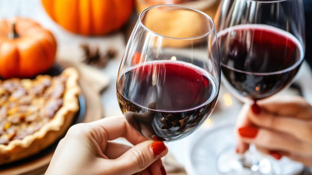 Two people are celebrating thanksgiving by toasting with glasses of red wine at a table laid for a festive meal