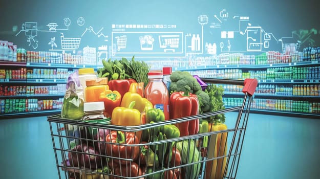 Shopping cart full of healthy food standing in supermarket with digital icons overhead symbolizing online shopping and retail