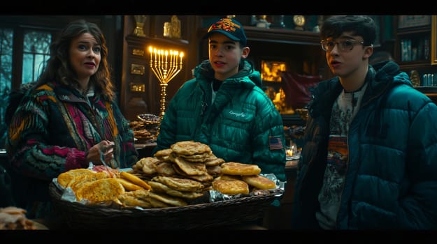 Family is celebrating hanukkah, standing by a table with a basket full of traditional food, including potato pancakes