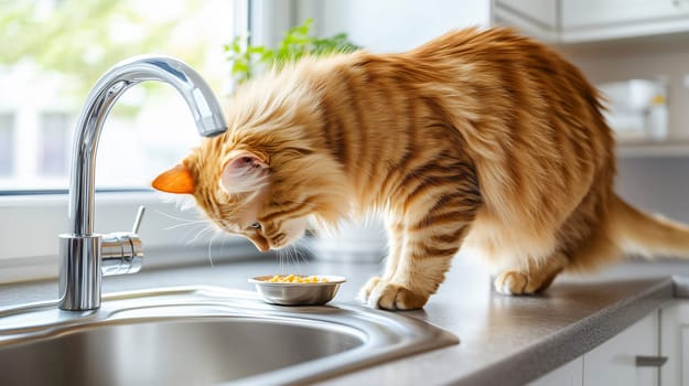 Fluffy ginger cat eating dry food from a silver bowl on a kitchen counter