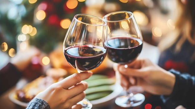 Hands of friends toasting with glasses of red wine on christmas dinner party