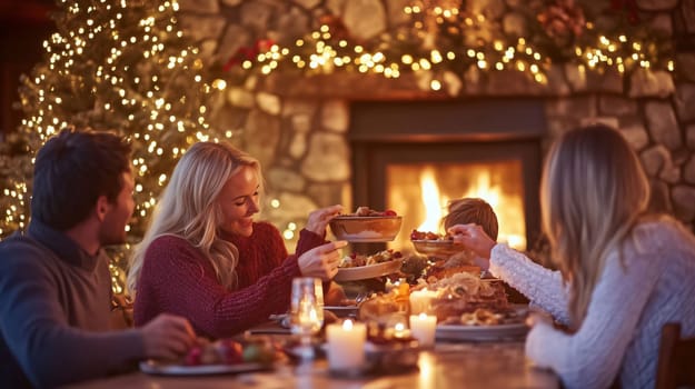 Family is sharing a meal together in front of a fireplace decorated for christmas