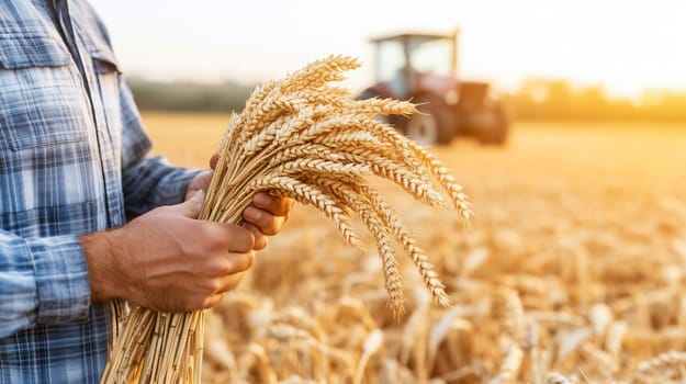 Farmer holding wheat in his hands in a field after harvesting with tractor out of focus in background