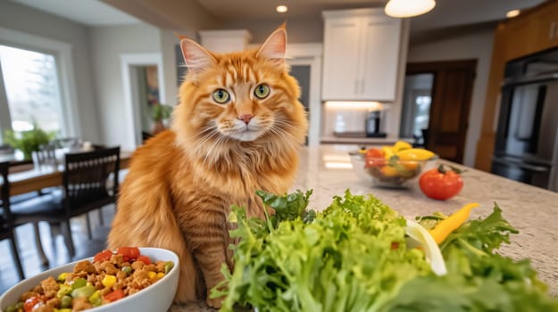 Fluffy ginger cat sitting on a kitchen counter near a bowl of cat food and fresh vegetables