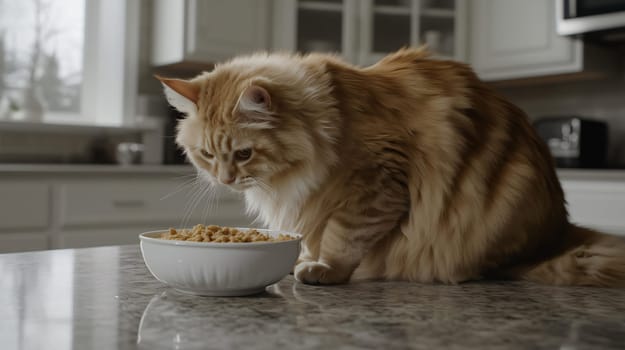 Hungry ginger maine coon cat eating food from bowl in kitchen