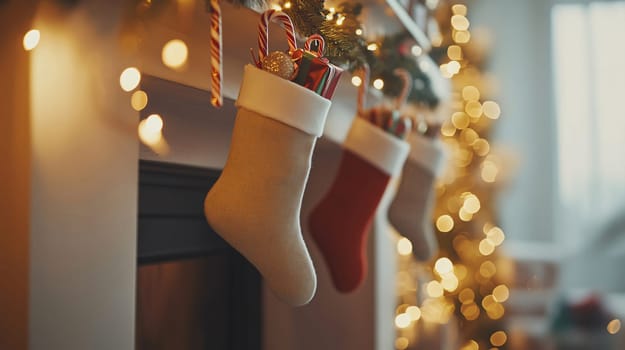 Christmas stockings hanging from fireplace mantel with garland and lights