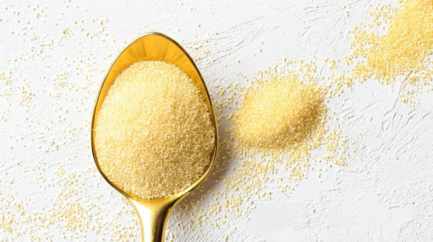 Golden spoon is lying on a white textured surface and overflowing with raw semolina