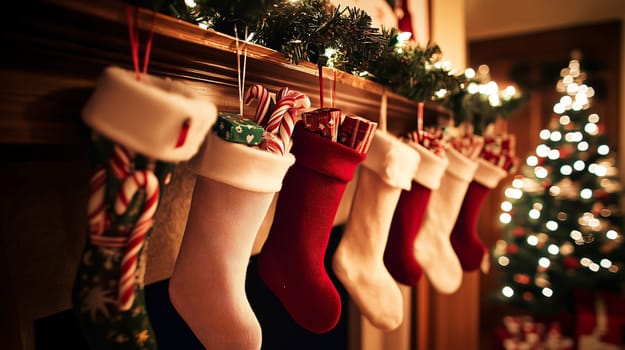 Christmas stockings hanging from a fireplace mantel with blurry christmas tree in background