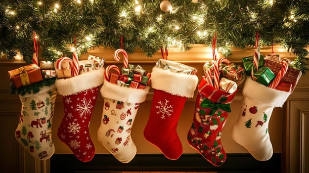 Christmas stockings filled with gifts and candy canes hanging from a fireplace mantel decorated with garland and lights