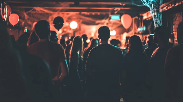 Crowd of young people standing and having fun in a nightclub with party lights