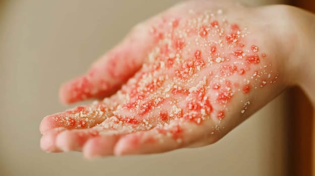 Close-up of a hand with psoriasis experiencing redness, peeling skin, and discomfort