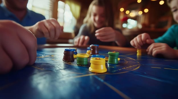 Family is enjoying quality time together, playing a board game at their dining table