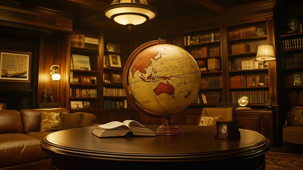 Antique globe is the centerpiece of a classic luxury home library with bookshelves and a leather sofa
