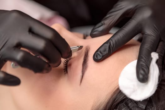 Beautician plucking eyebrows of young woman with tweezers in beauty salon