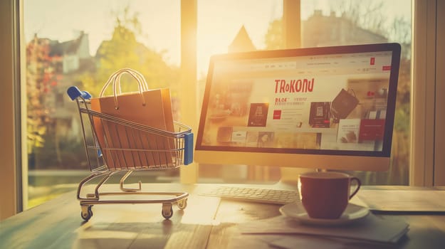 Shopping cart and a computer displaying an online shopping website on a desk at home