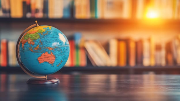 Globe on a desk with a bookshelf in the background showing the concept of education, travel and geography