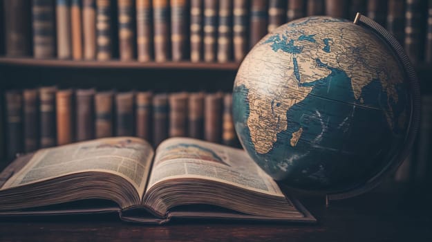 Vintage globe is sitting near an open book on a desk in a library, suggesting a quest for knowledge and exploration
