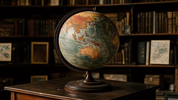 Antique globe is sitting on a desk with a background of books on a bookshelf