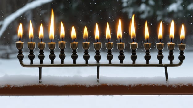 Menorah with all nine candles lit is standing on a snowy windowsill, with a snowy background visible through the window