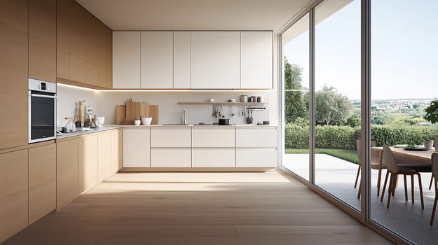 Modern and bright kitchen opening onto a green garden through large bay windows, Scandinavian style