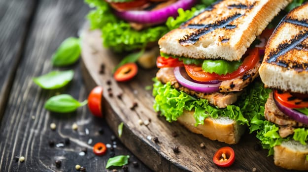 Delicious ciabatta sandwiches with grilled chicken and fresh vegetables are lying on a rustic wooden board