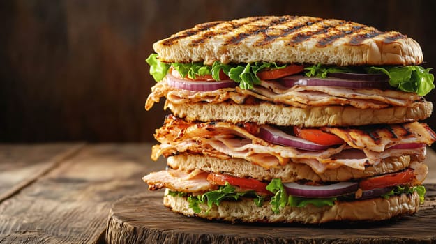 Delicious tall club sandwich is standing on a rustic wooden table with a dark background