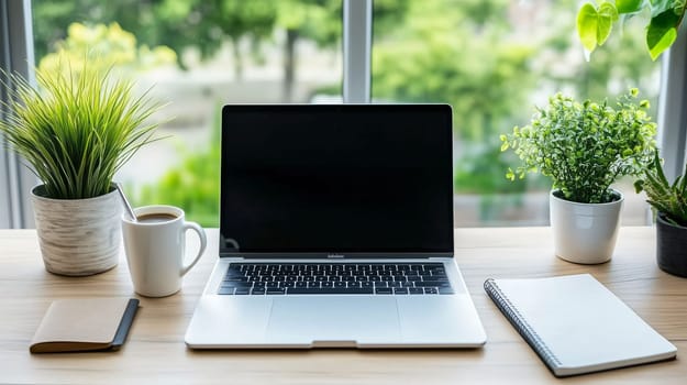 Clean and organized workspace is shown with a laptop, notebook, and coffee cup, perfect for remote work or studying