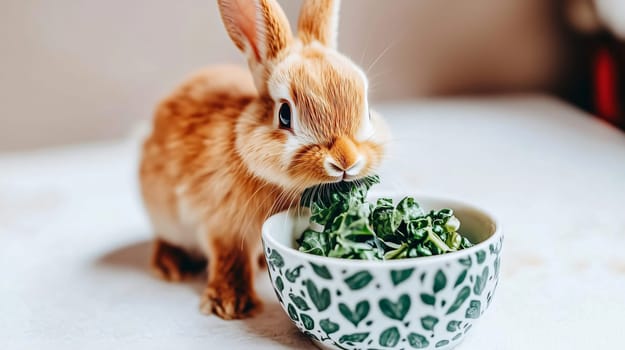 Brown and white rabbit with long ears is happily eating fresh kale from a bowl
