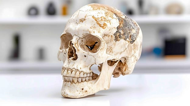Human skull sits on a table in a bright laboratory, possibly for scientific research or medical study