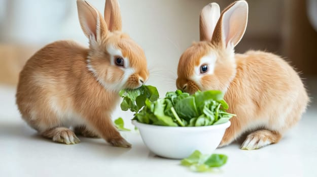 Two adorable rabbits enjoying a healthy meal of fresh greens from a white bowl