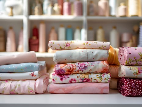 Assorted textiles neatly arranged in stacks on a wooden table, showcasing various shades of pink and magenta fabrics for potential product display on shelves or couches