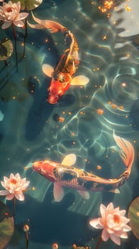 Beautiful koi fish gracefully swim among elegant water lilies in a sunlit pond