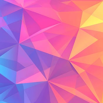 A vibrant geometric background featuring triangles in a rainbow of colors including pink, purple, magenta, and violet. The art showcases colorfulness and symmetry with a mesmerizing pattern