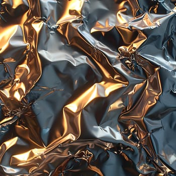 A closeup of crumpled aluminum foil reveals a dynamic pattern of brown and electric blue hues. The metal shimmers like art on transparent glass, resembling a sleeve made of transparent material