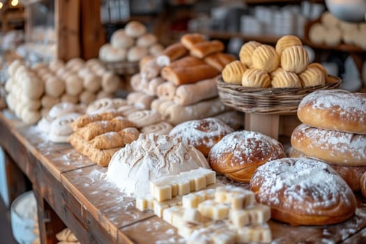 A variety of freshly baked bread, pastries, croissants, muffins, and buns displayed on a rustic wooden table in a cozy bakery setting.
