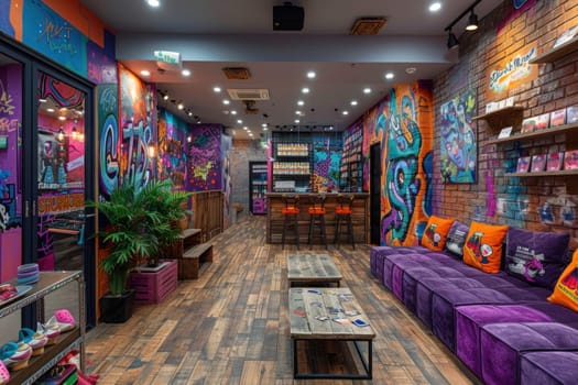 A retro-style cafe lounge bar with graffiti-covered brick walls, a bar with stools, and a seating area with a coffee table and purple sofa.