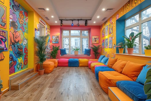 Modern office with colorful graffiti walls, large windows, and bright seating area in blue, orange, and pink, creating a creative workspace.