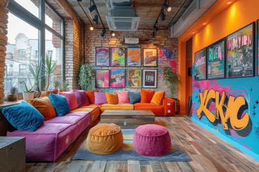 Modern hotel lobby with colorful retro design, graffiti walls, cozy sofa, stools, and a vibrant rug. Unique blend creates a welcoming atmosphere.