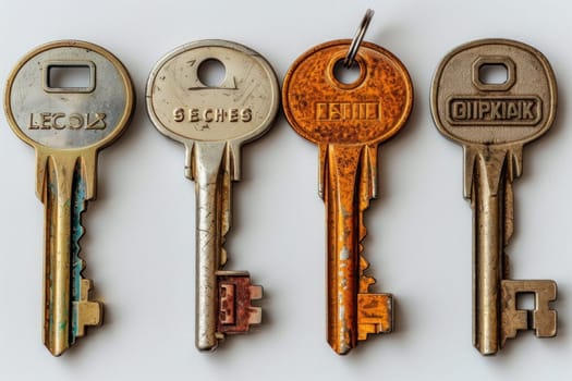 A set of four old and rusty keys on a white background. The keys are made of different metals and have different shapes and sizes.