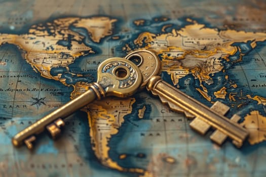 Vintage golden crossed keys on a detailed world map background. Keys are metal with a decorative design. Map shows countries and cities.