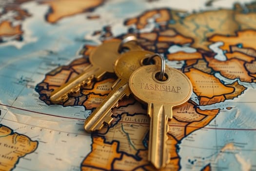 The image shows two old vintage golden keys on a detailed world map background with a focus on the word Farshax from the keychain.