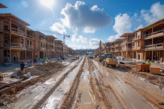 Residential site with apartments under construction, mud, dirt, construction vehicles. Buildings in progress at property.
