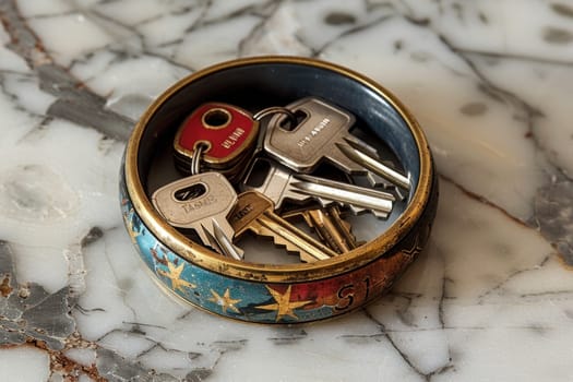A set of keys with different shapes and sizes are sitting inside a golden decorative bowl with blue and red accents. The bowl sits on a marble table.