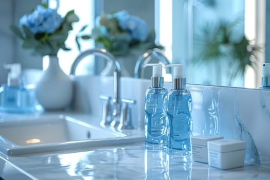 Luxurious blue and clear toiletries displayed on a chic white marble vanity, accented with vibrant fresh flowers for a natural and elegant aesthetic.