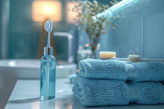 The composition includes a toothbrush, soap bottle, towels, and a wooden comb on a white table with a blurred background.