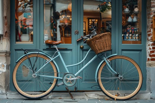 Vintage blue bicycle with basket leans on a quaint blue door adorned with a wreath. Classic bike features a brown seat.